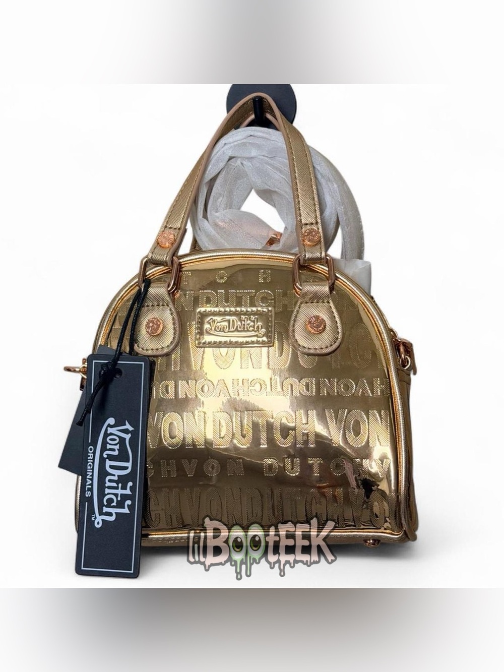 Von Dutch Gold Metallic Crossbody Bowling Bag Multi Logo Print NEW VIRAL Y2K